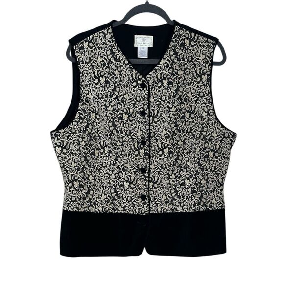Vintage 1990s Susan Bristol Black & Gold Tapestry Vest with Velvet Trim Size 16 - Picture 1 of 7